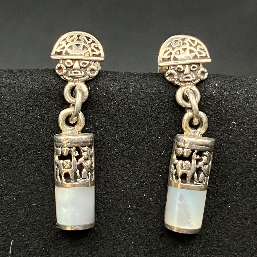 Vintage Sterling Silver Drop Earrings White Stone Tribal Aztec Llama Theme 1"